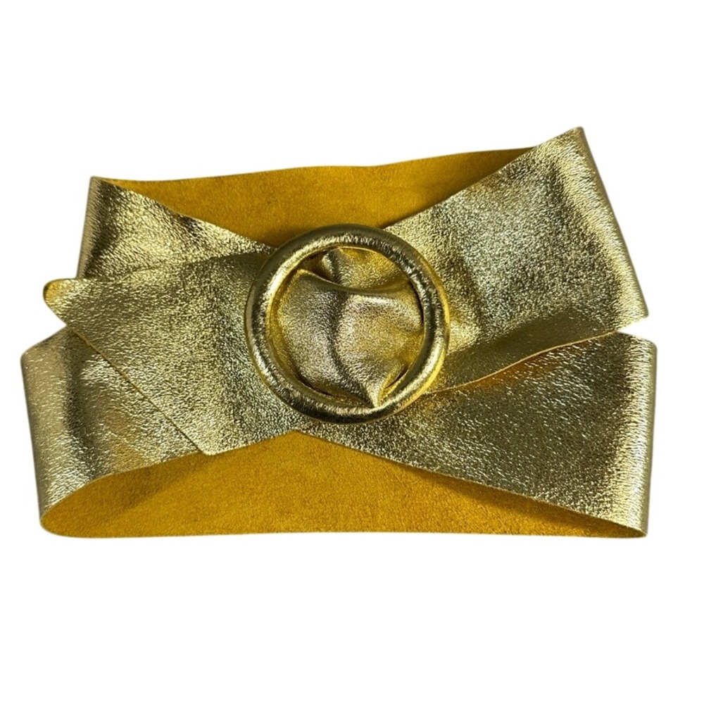 Made in Italy Metallic Gold Leather Wide O-Ring Buckle Waist Belt 46 Inch
